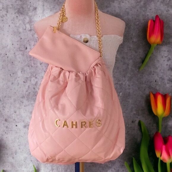 WOMENS NEW LARGE SHOULDER TOTE HANDBAG CHAIN LIGHT PINK SOFT LEATHER WITH POUCH - Picture 3 of 12